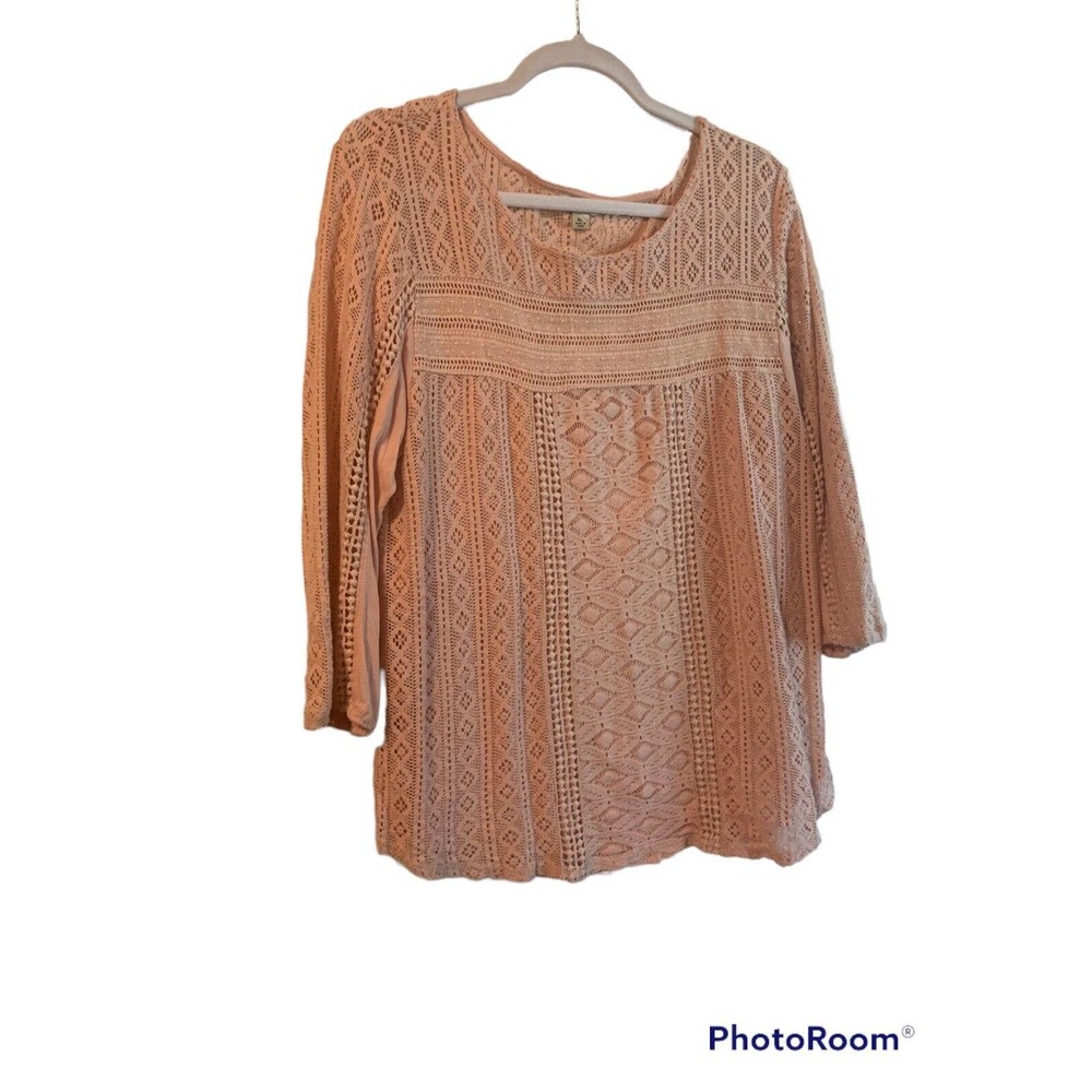 LUCKY BRAND Women’s Peach Open Weave 3/4 Sleeve Shirt Top Size XL
